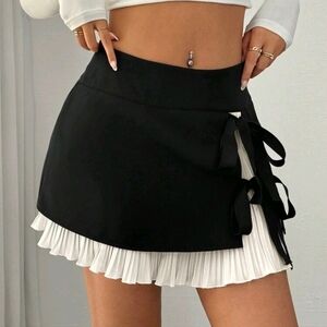 Women Casual Tie-Front Color Block Ruffle Hem Skirt, Summer Mini Short